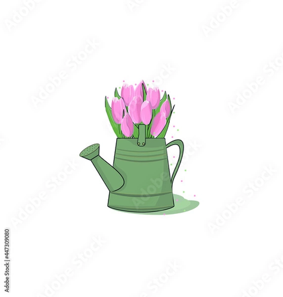 Fototapeta watering pot and a bouquet of tulip.