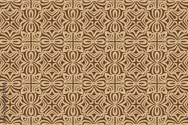 Fototapeta 3D volumetric convex embossed geometric beige pattern on a brown background. Ethnic creative oriental, asian, indian motives with handmade elements for design and decoration.