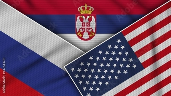 Fototapeta Serbia United States of America Russia Flags Together Fabric Texture Effect Illustration