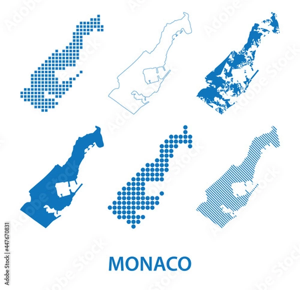 Fototapeta map of Principality of Monaco - vector set of silhouettes in different patterns