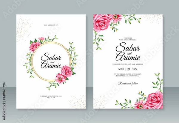 Fototapeta Beautiful wedding invitation template with red flower watercolor painting