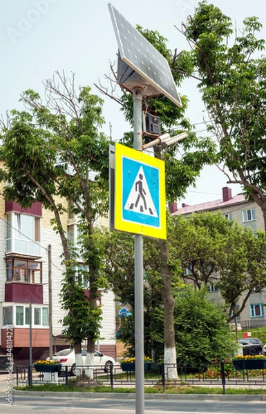 Fototapeta Solar powered road sign. The city of Korsakov. Russia 