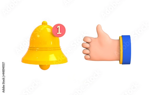 Fototapeta Notification bell and thumb up isolated on white background. Social media notification. Trendy 3d illustration.