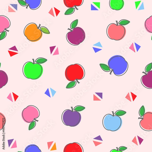 Fototapeta Cute flat colorful apples seamless pattern with haft and leaf pastel background color, Vector Illustration.