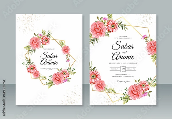 Fototapeta Geometric border and flower watercolor painting for wedding invitation template