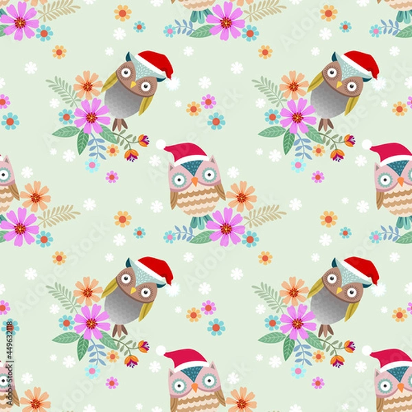 Fototapeta Cute owl wear Christmas hat on branch with flower seamless pattern.