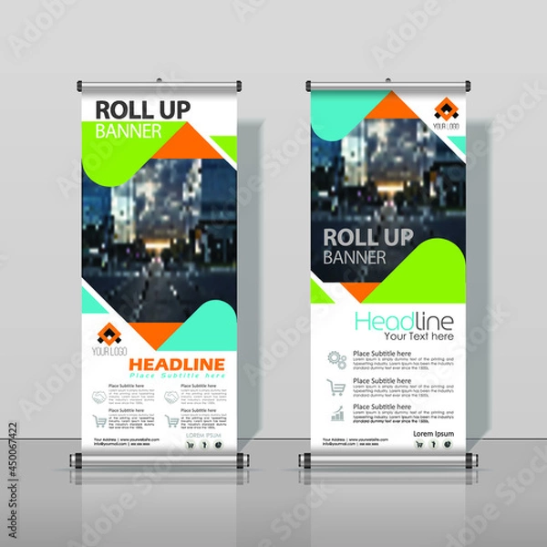 Fototapeta Lime Green, Orange, Blue Roll up Banner Business Design Abstract Vertical Template Vector, Cover Abstract Modern X-Banner, Brochure Flyer Banner Rectangle Size.