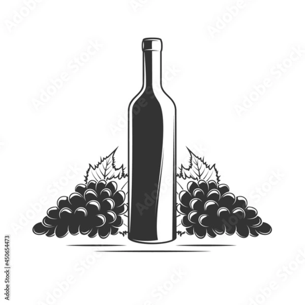 Fototapeta Bunch of grapes and bottle of wine isolated on white background. Vector illustration