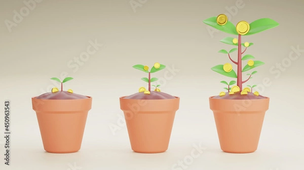 Fototapeta 3D Rendering concept of investment. Trees with coins falling down from small to big on background. 3D Render. Growing money tree. Stages of growing. Gold coins on branches. Symbol of wealth. 