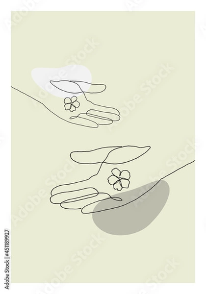 Fototapeta Vector illustration of a hand and a flower in line art style for decoration