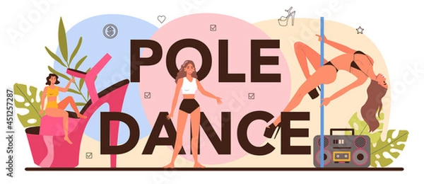 Fototapeta Pole dance typographic header. Female stripper in club, stripper posing