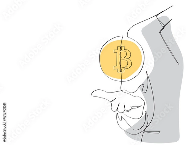 Fototapeta Continuous one line drawing. Hand holding abstract bitcoin. Cryptocurrency and e-commerce concept. 