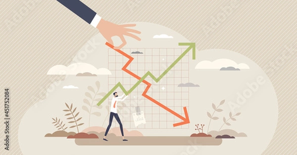 Obraz Financial trends, economical market analysis and chart tiny person concept. Business progress or recession process on arrows balance graph as sales and stock forecast future data vector illustration.