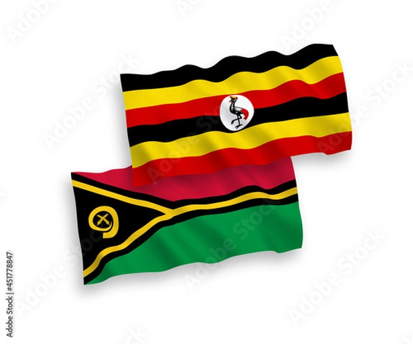 Obraz National vector fabric wave flags of Republic of Vanuatu and Uganda isolated on white background. 1 to 2 proportion.