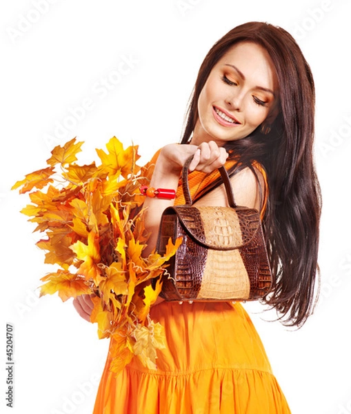 Fototapeta Woman holding  orange handbag.