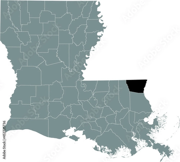 Fototapeta Black highlighted location map of the Washington Parish inside gray map of the Federal State of Louisiana, USA