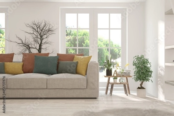 Fototapeta White living room with sofa and summer landscape in window. Scandinavian interior design. 3D illustration