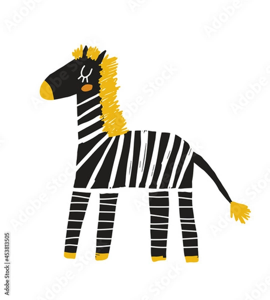 Fototapeta Cute Hand Drawn Nursery Vector Illustration with Funny Zebra ideal for Card, Poster, Wall Art. Lovely Childish Style Art with Little Baby Zebra on a White Background. Kids Room Decoration.