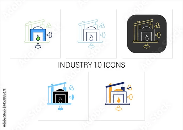 Obraz Industry 1.0 icons set. Mechanization, water power. Steam power. Mechanized production. Digital transformation concept.Collection of icons in linear, filled, color styles.Isolated vector illustrations