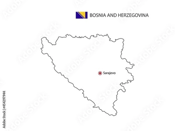 Fototapeta Hand draw thin black line vector of Bosnia and Herzegovina Map with capital city Sarajevo on white background.