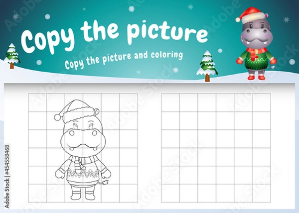 Fototapeta copy the picture kids game and coloring page with a cute hippo using christmas costume