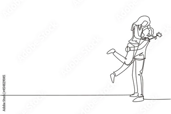 Fototapeta Single one line drawing man making proposal marriage to woman with rose flower. Boy surprises his girl and giving flowers. Engagement and love relation. Continuous line draw design graphic vector