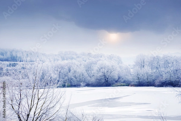 Obraz Winter landscape with snow-covered trees by the river and the sky with dense clouds through which the sun shines