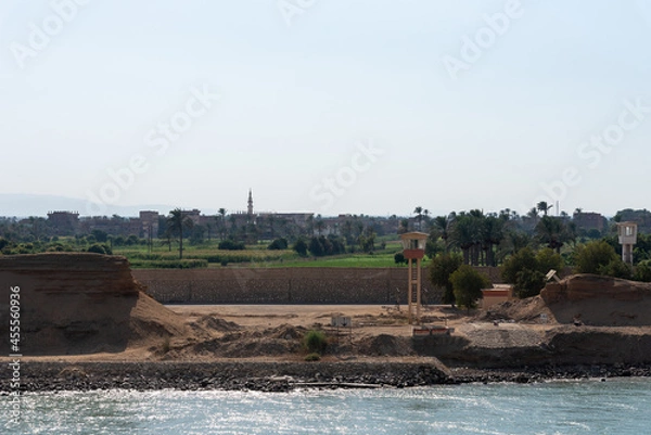 Obraz Bank of the Suez Canal, panorama view from transiting cargo ship. 