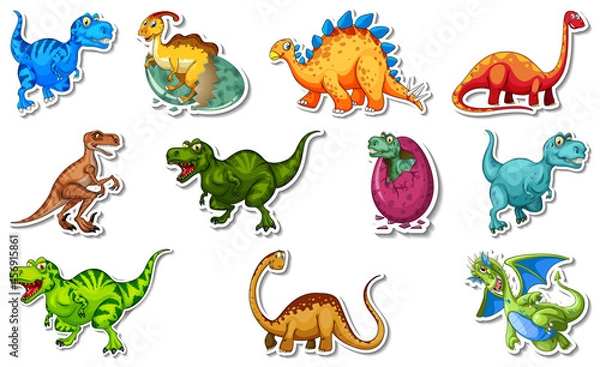 Fototapeta Sticker set with different types of dinosaurs cartoon characters