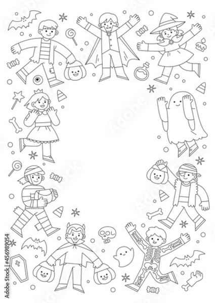 Fototapeta Outline of Children in Halloween fancy dress for Trick or Treating. Template for advertising brochure. Happy Halloween Concept.