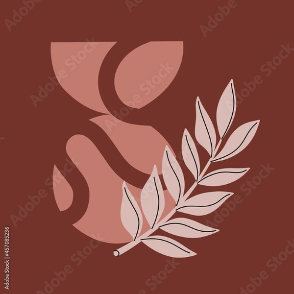 Fototapeta Illustration in pastel colors. Abstract geometric elements and strokes, leaves and berries. Great design for social media, postcards, print