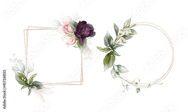 Fototapeta Set of gold frames with pastel flowers for wedding invitations, cards, packaging