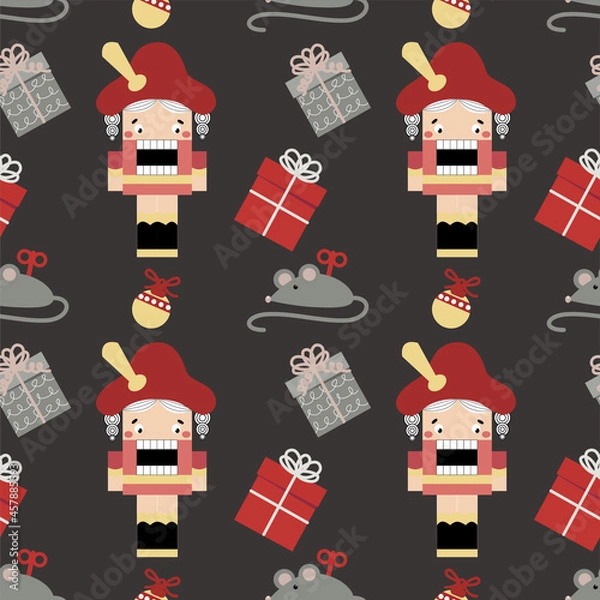 Fototapeta Vector christmas seamless pattern with Nutcracker and mouse, gifts  for fabrics, paper, textile, gift wrap isolated on black background