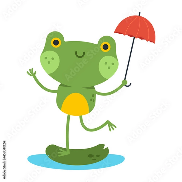 Fototapeta Cute frog with umbrella vector cartoon character isolated on a white background.