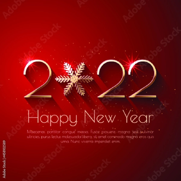 Fototapeta Happy New Year 2022 text design. Red vector greeting illustration with golden numbers and snowflake