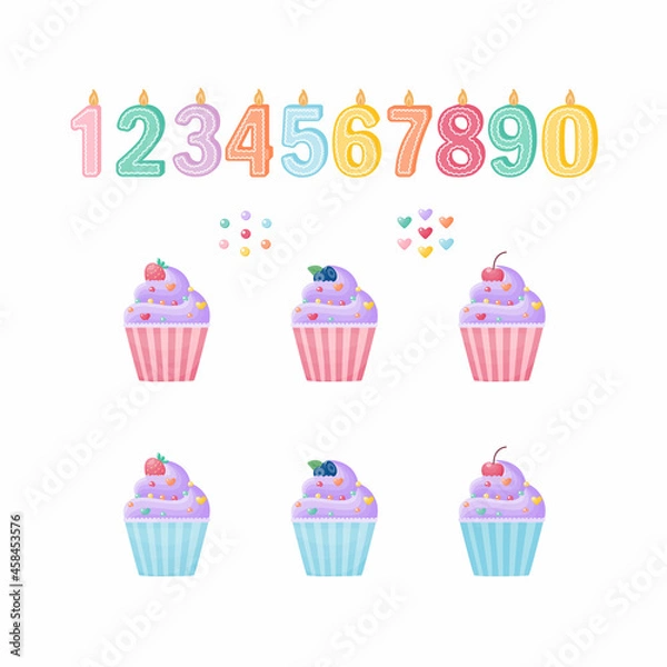 Fototapeta A cute set for designing cupcakes with candles, numbers and decor and blueberries, cherries and strawberries. Vector set of elements on a white background