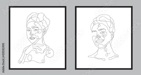 Fototapeta Vector minimalist style continuous one line art portrait. Line flower, woman Hand drawn abstract feminine print. Use for wall decor, beauty logo, poster illustration, card, t-shirt print 