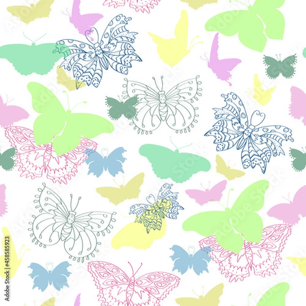 Fototapeta Butterfly rainbow color, multicolored silhouette seamless pattern background, vector