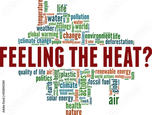 Fototapeta Feeling the heat? - environmental and global warming awareness vector illustration word cloud isolated on white background.