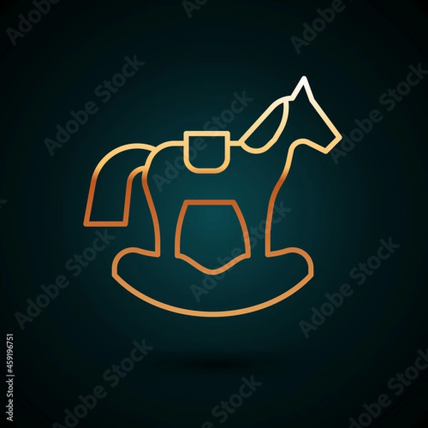 Obraz Gold line Wooden horse in saddle swing for little children icon isolated on dark blue background. Vector