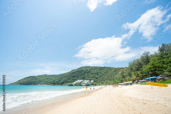 Fototapeta Amazing palms on island blue sky and clouds background. sun light in summer