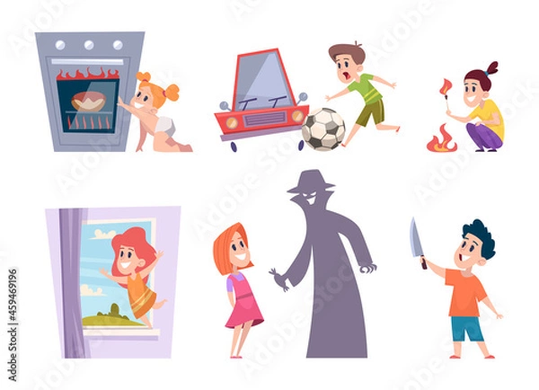 Fototapeta Kids dangerous. Children situation playing risk games with electricity standing near window finger pill attention exact vector dangerous scenes