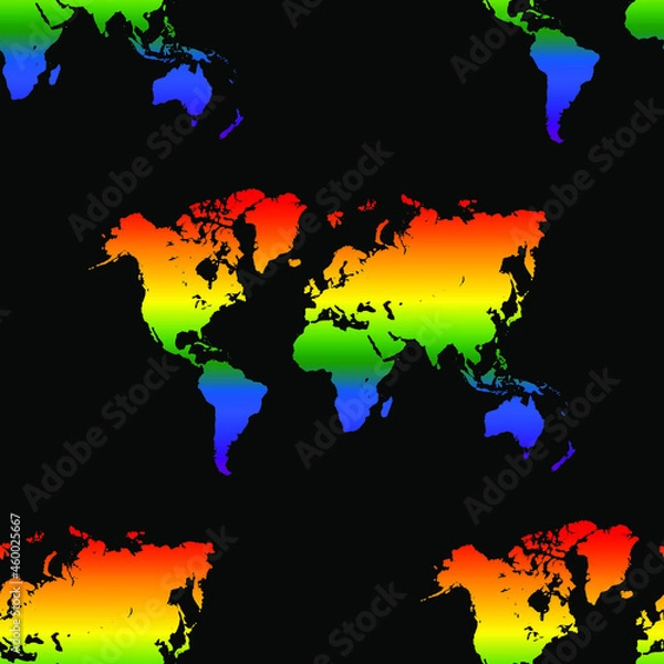 Fototapeta Earth map in LGBT flag colors on black background, texture for design, seamless pattern, vector illustration