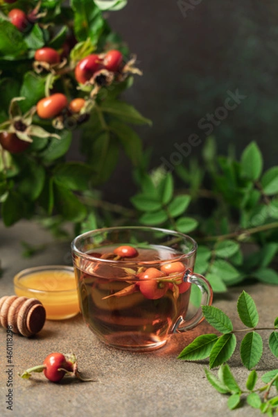 Obraz Hot rosehip tea in glass mug. Natural organic alternative medicine drink with vitamin C