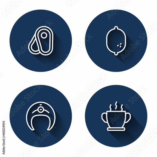 Fototapeta Set line Steak meat, Lemon, Fish steak and Bowl of hot soup with long shadow. Blue circle button. Vector