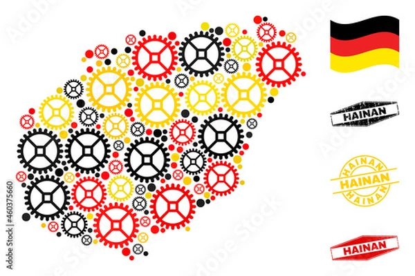 Fototapeta Industrial Hainan map collage and seals. Vector collage is created from clock gear items in various sizes, and German flag official colors - red, yellow, black.