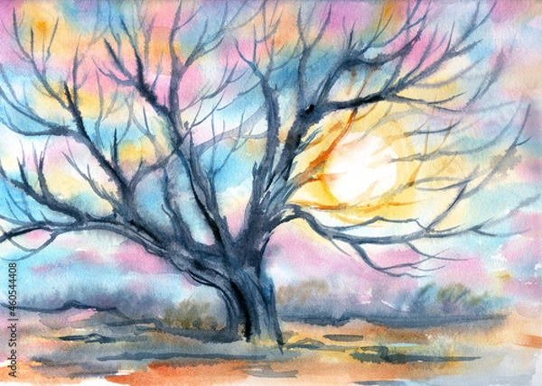 Fototapeta Old apple tree at sunset or sunrise background, watercolor landscape, illustration for book, cover, greeting card, print for poster and other designs.