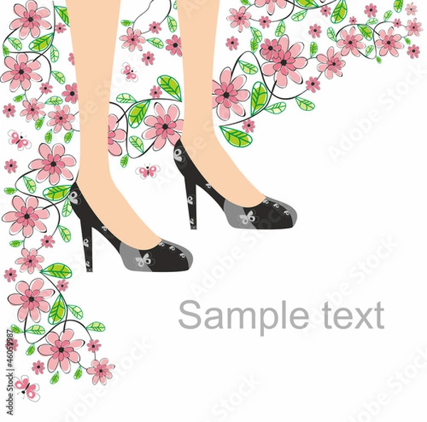 Fototapeta Black shoes butterfly and pink flowers