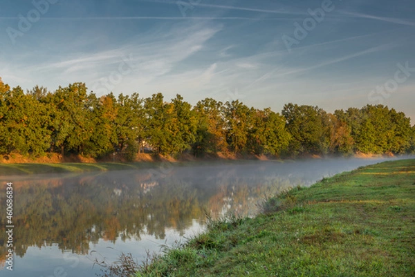 Fototapeta Color autumn morning with sunrise in Ceske Budejovice city