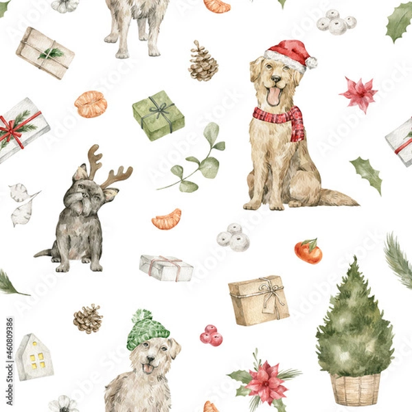 Fototapeta Watercolor seamless pattern with cute dogs in Santa hat and antler, Christmas tree, gift boxes, pine cone, oranges, berries and flowers. Winter holiday illustration for wrapping, textile, background